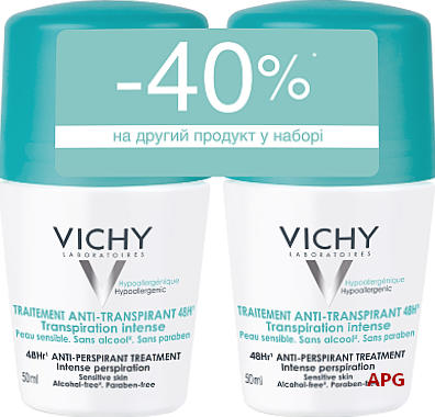 VICHY НАБІР ПРОМО ДЕО ДЕЗОДОР.-АНТИПЕРСП. 48 ГОДИН д/чутл. шкіри 50 мл №2 кульк.